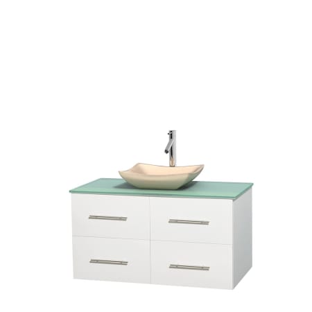 Full Vanity View with Green Glass Top and Vessel Sink