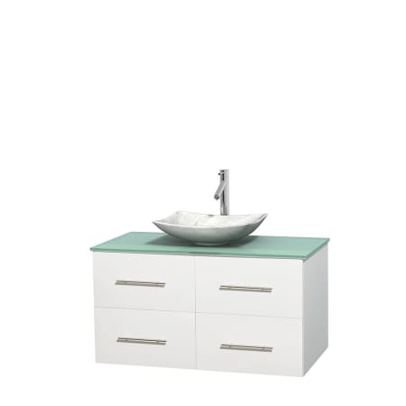 Full Vanity View with Green Glass Top and Vessel Sink