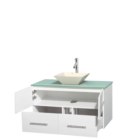 Open Vanity View with Green Glass Top and Vessel Sink