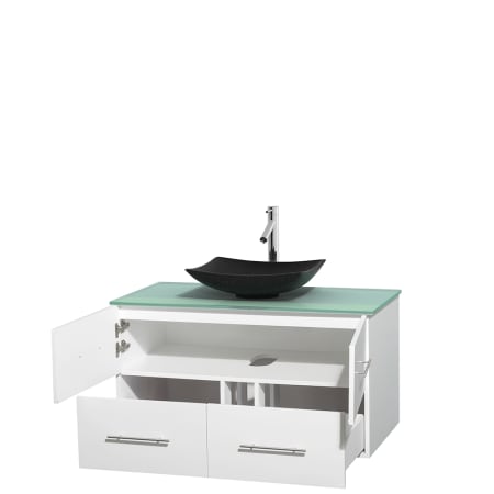 Open Vanity View with Green Glass Top and Vessel Sink