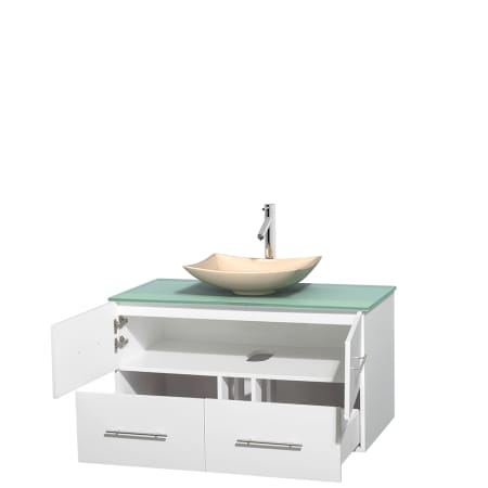 Open Vanity View with Green Glass Top and Vessel Sink