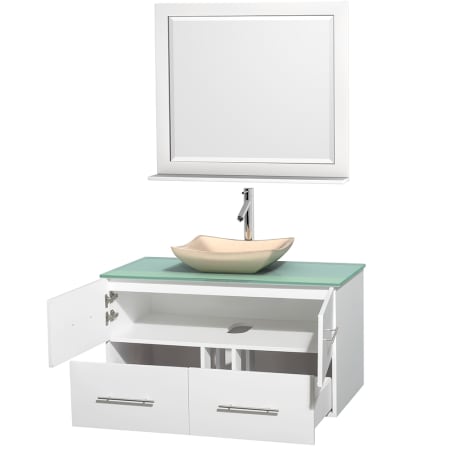 Open Vanity View with Green Glass Top, Vessel Sink, and 36" Mirror