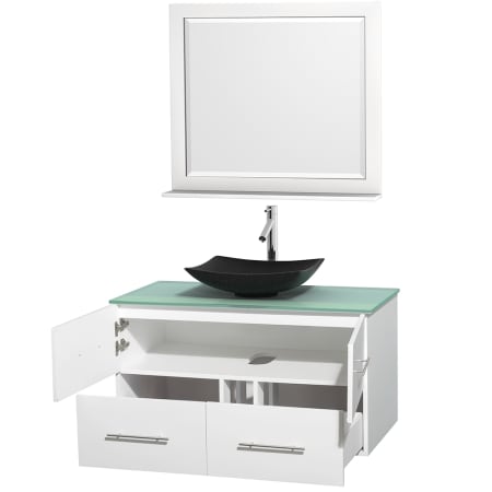 Open Vanity View with Green Glass Top, Vessel Sink, and 36" Mirror