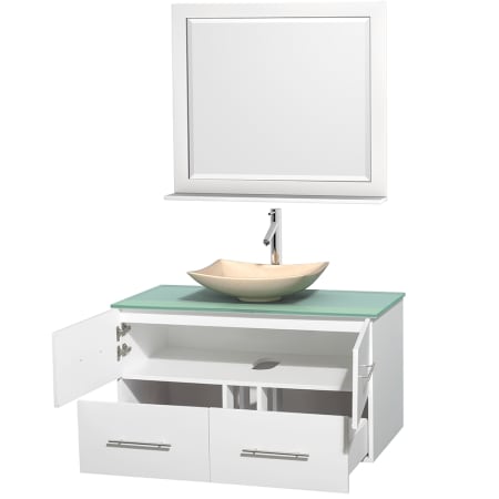 Open Vanity View with Green Glass Top, Vessel Sink, and 36" Mirror