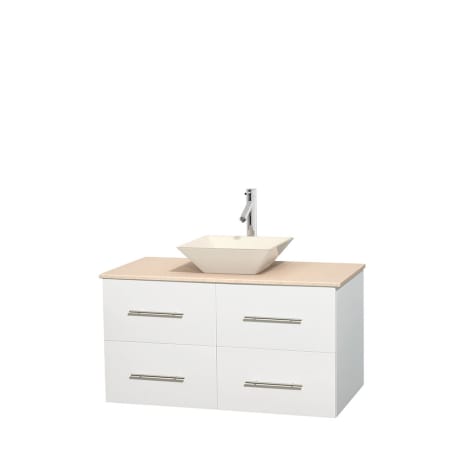 Full Vanity View with Ivory Marble Top and Vessel Sink