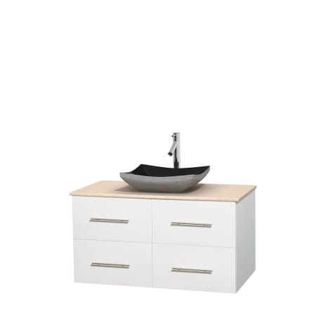 Full Vanity View with Ivory Marble Top and Vessel Sink