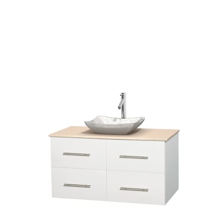 Full Vanity View with Ivory Marble Top and Vessel Sink