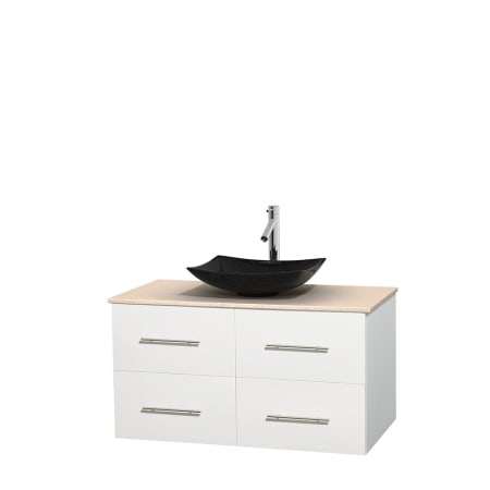 Full Vanity View with Ivory Marble Top and Vessel Sink