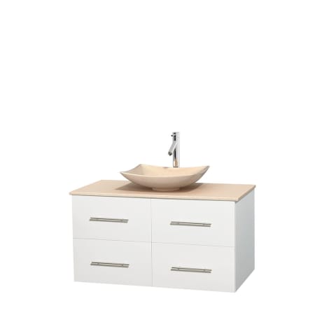 Full Vanity View with Ivory Marble Top and Vessel Sink