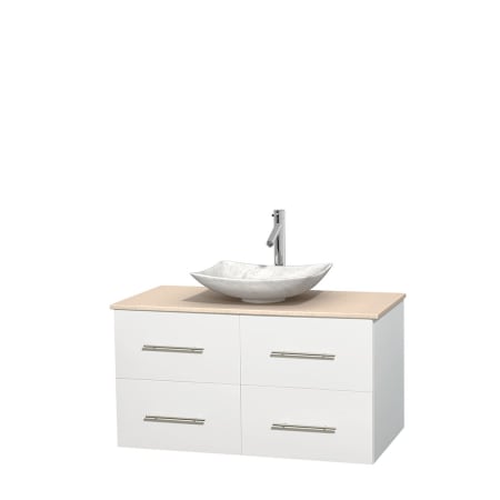 Full Vanity View with Ivory Marble Top and Vessel Sink