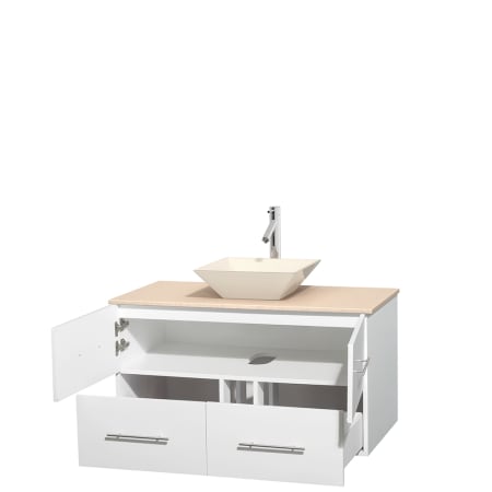 Open Vanity View with Ivory Marble Top and Vessel Sink