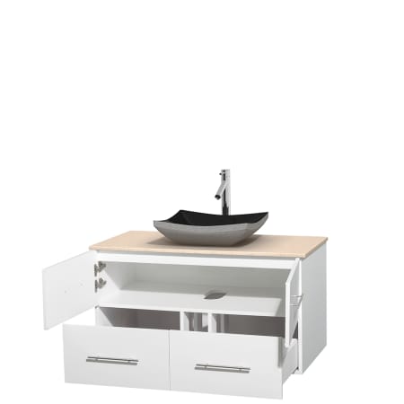 Open Vanity View with Ivory Marble Top and Vessel Sink