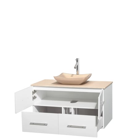 Open Vanity View with Ivory Marble Top and Vessel Sink