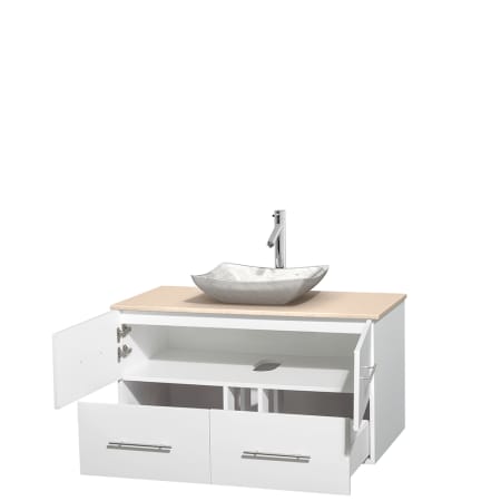 Open Vanity View with Ivory Marble Top and Vessel Sink