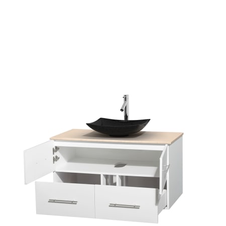 Open Vanity View with Ivory Marble Top and Vessel Sink