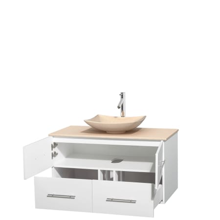 Open Vanity View with Ivory Marble Top and Vessel Sink