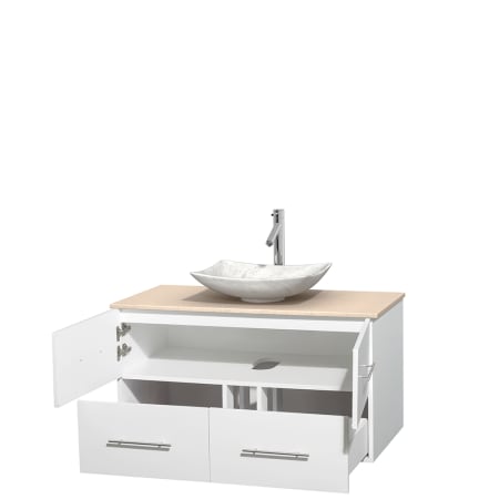 Open Vanity View with Ivory Marble Top and Vessel Sink