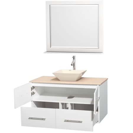 Open Vanity View with Ivory Marble Top, Vessel Sink, and 36" Mirror