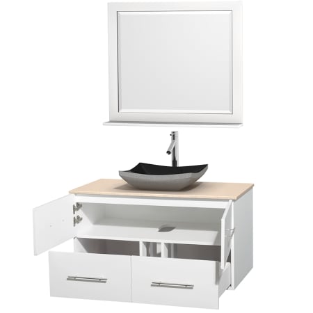 Open Vanity View with Ivory Marble Top, Vessel Sink, and 36" Mirror