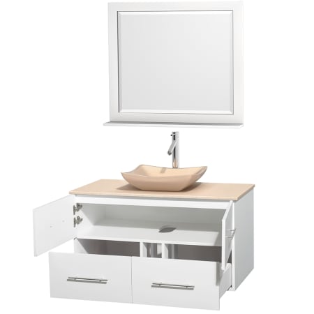 Open Vanity View with Ivory Marble Top, Vessel Sink, and 36" Mirror