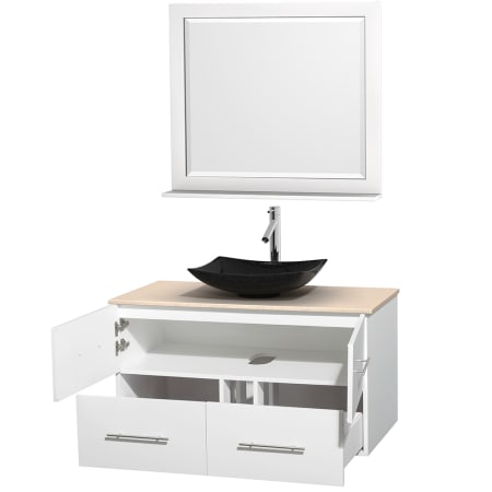 Open Vanity View with Ivory Marble Top, Vessel Sink, and 36" Mirror