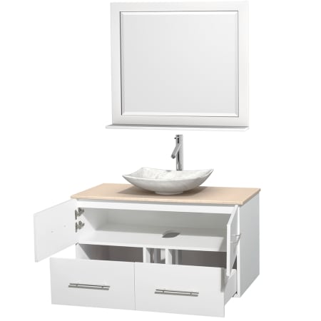 Open Vanity View with Ivory Marble Top, Vessel Sink, and 36" Mirror