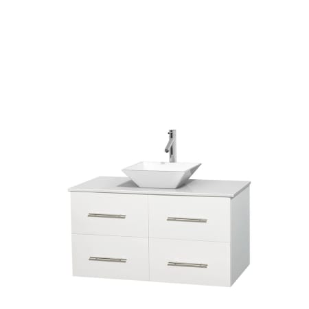 Full Vanity View with White Stone Top and Vessel Sink