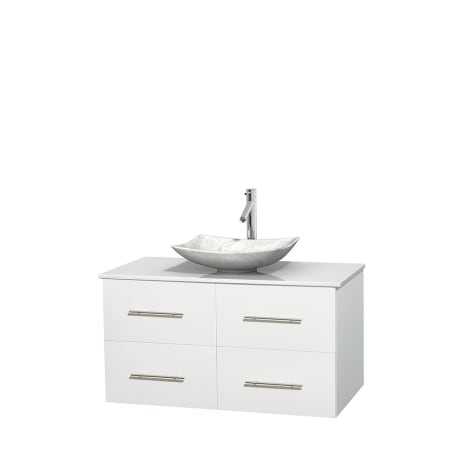 Full Vanity View with White Stone Top and Vessel Sink