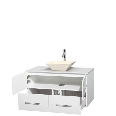 Open Vanity View with White Stone Top and Vessel Sink