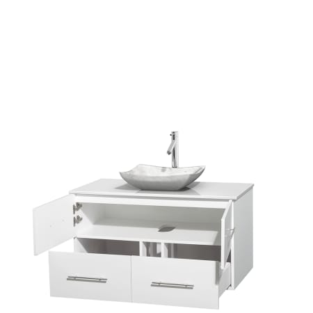 Open Vanity View with White Stone Top and Vessel Sink