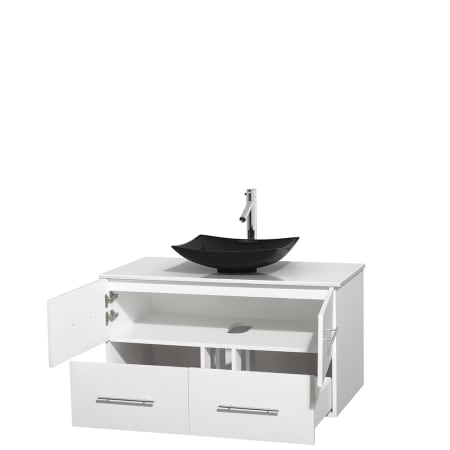 Open Vanity View with White Stone Top and Vessel Sink