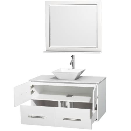 Open Vanity View with White Stone Top, Vessel Sink, and 36" Mirror