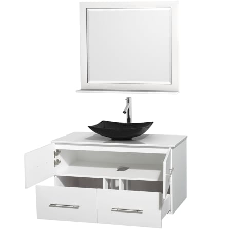 Open Vanity View with White Stone Top, Vessel Sink, and 36" Mirror