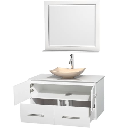 Open Vanity View with White Stone Top, Vessel Sink, and 36" Mirror