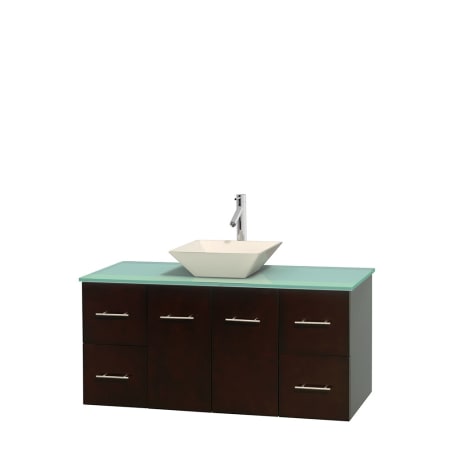 Full Vanity View with Green Glass Top and Vessel Sink