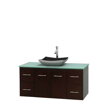 Full Vanity View with Green Glass Top and Vessel Sink