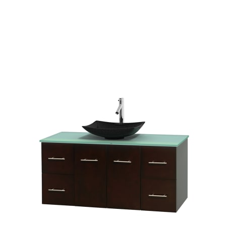 Full Vanity View with Green Glass Top and Vessel Sink