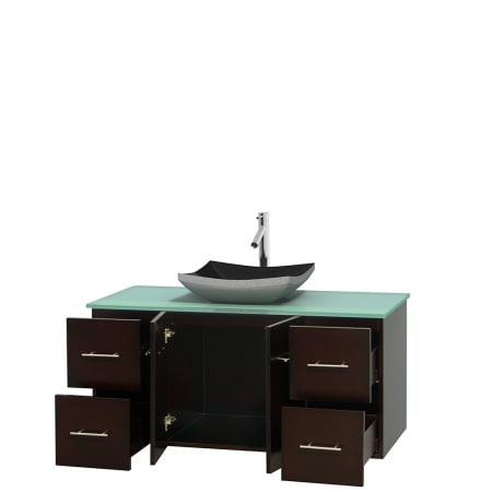 Open Vanity View with Green Glass Top and Vessel Sink