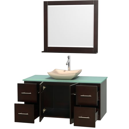 Open Vanity View with Green Glass Top, Vessel Sink, and 36" Mirror