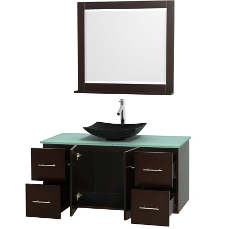 Open Vanity View with Green Glass Top, Vessel Sink, and 36" Mirror