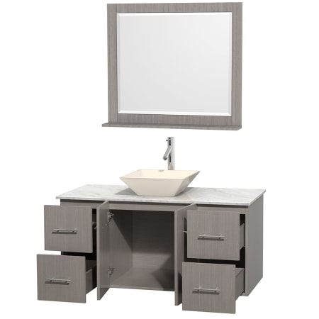 Open Vanity View with White Carrera Marble Top, Vessel Sink, and 36" Mirror