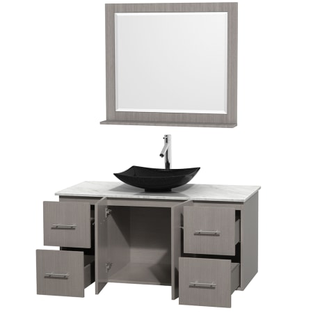 Open Vanity View with White Carrera Marble Top, Vessel Sink, and 36" Mirror