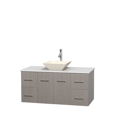 Full Vanity View with White Stone Top and Vessel Sink