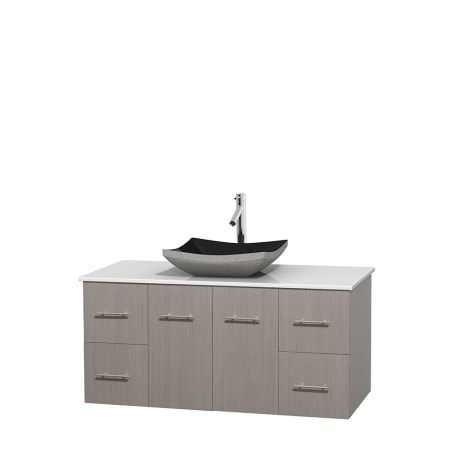 Full Vanity View with White Stone Top and Vessel Sink