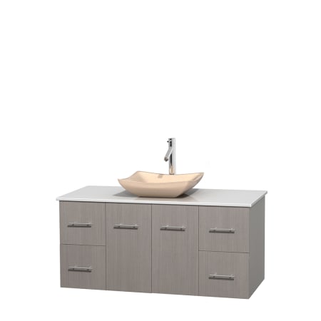 Full Vanity View with White Stone Top and Vessel Sink