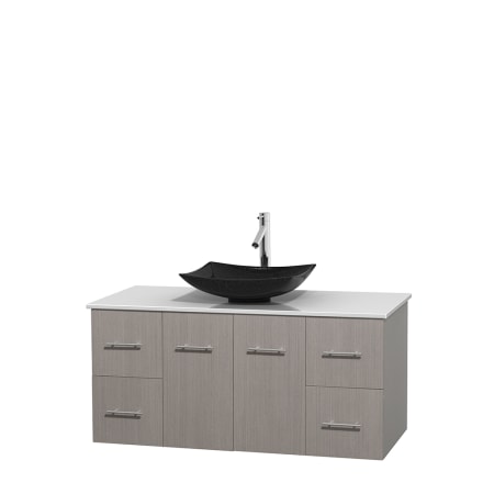 Full Vanity View with White Stone Top and Vessel Sink