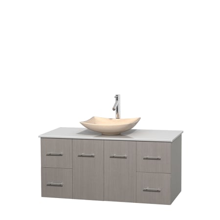 Full Vanity View with White Stone Top and Vessel Sink