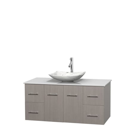 Full Vanity View with White Stone Top and Vessel Sink