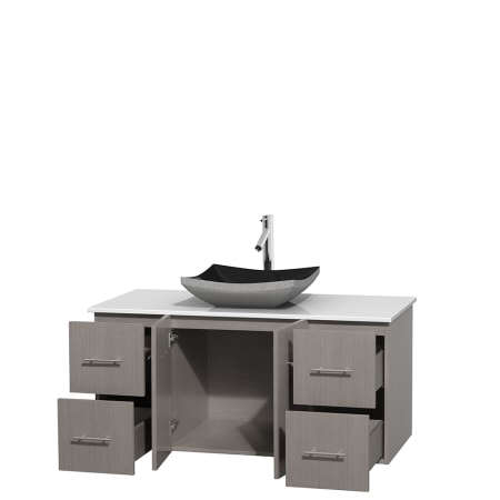 Open Vanity View with White Stone Top and Vessel Sink