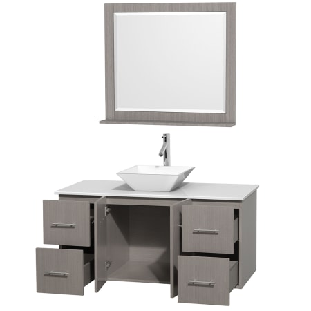 Open Vanity View with White Stone Top, Vessel Sink, and 36" Mirror